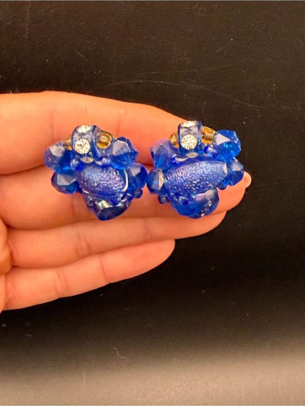 Vintage Germany Blue Plastic Bead Cluster Rhinestone Clip On Earrings MCM